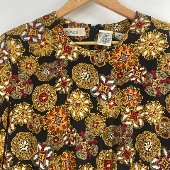 Ms Chaus Vintage statement print midi dress career faux wrap asymmetrical - Picture 2 of 16